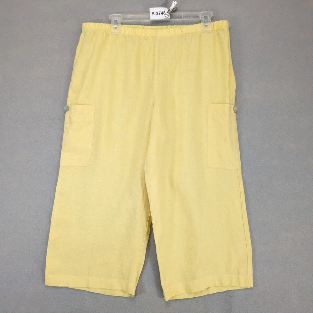 Hot Cotton Yellow 100% Linen Cargo Capri Pants Womens M Pull-On Resort Vacation